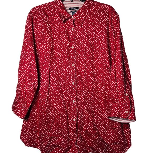 Chaps Womens No Iron Long Sleeve Button red Polka Dot Top Plus Size 3X Career - Picture 1 of 10